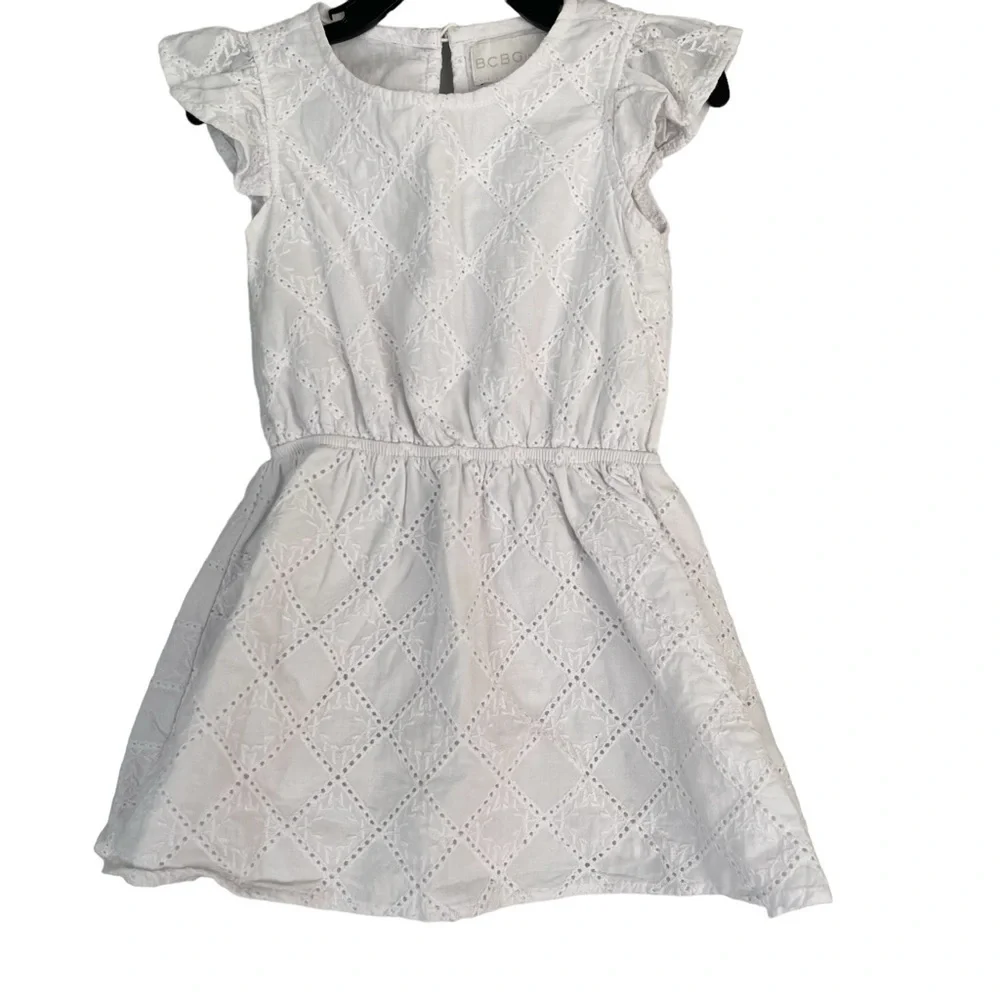 BCBGirls White Embroidered Pinafore Cotton Flutter Sleeve Dress Size 3T